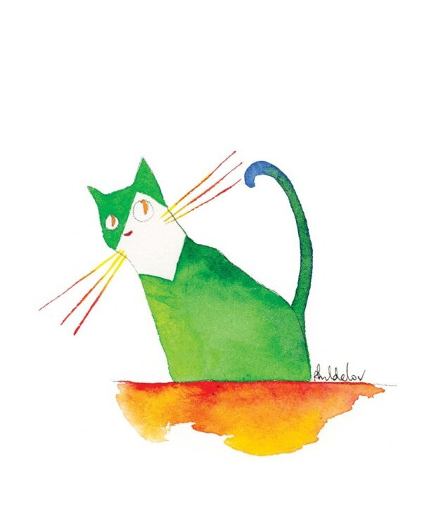 aquarelle-chat-vert-sol-rouge